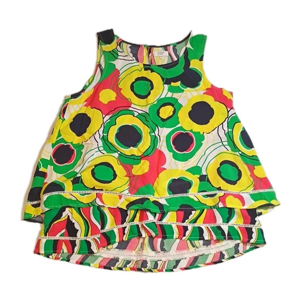 Crown & Ivy Sleeveless‎ Top Layered Tropical Print Colorful Rayon women's Medium
